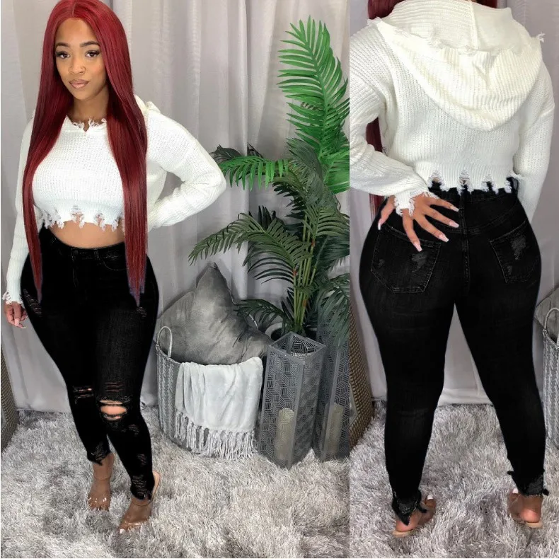 Denim Pencil Pants Women Jeans Hole Ripped High Waist Washed Distressed Vintage Skinny Ankle Length Trousers Streetwear