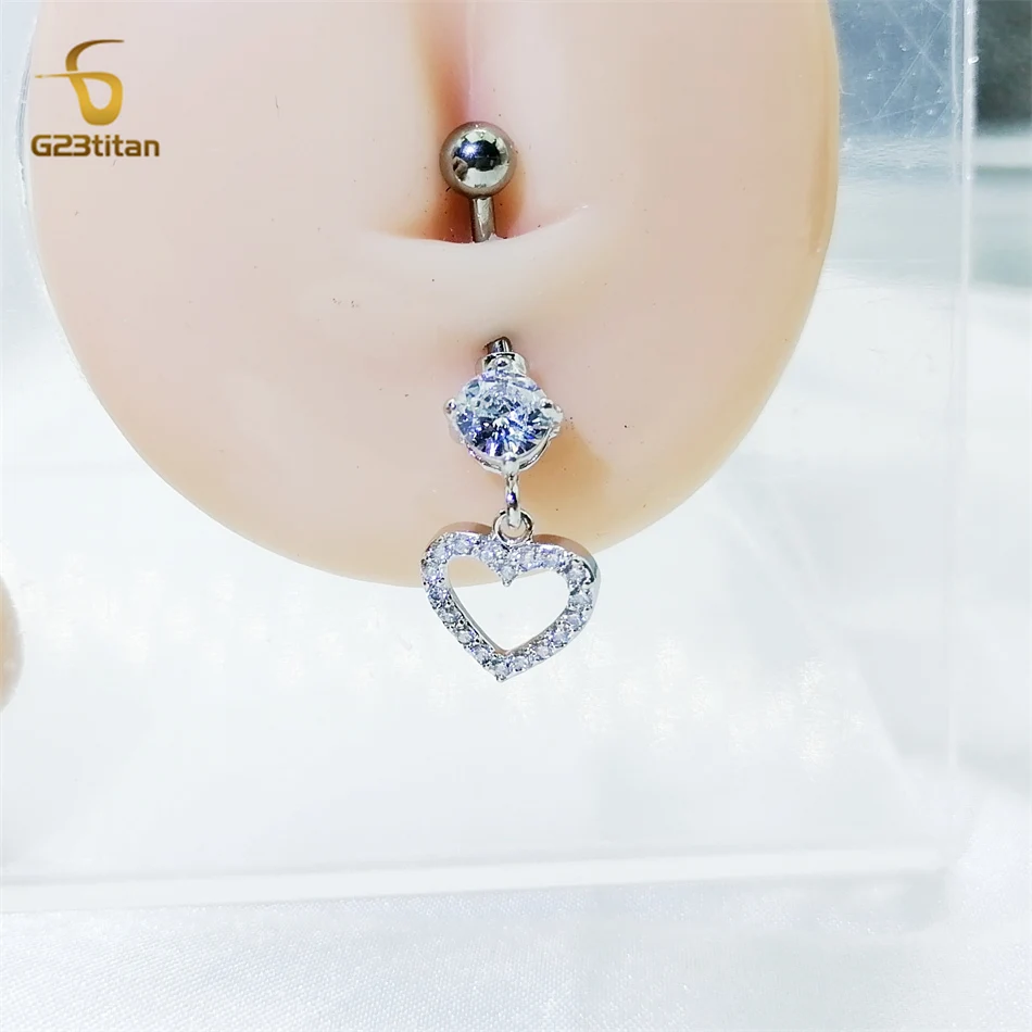 G23titan Crystal Heart Dangle Belly Ring 14G Surgical Titanium Nombril Ombligo Navel Piercing Bar Sexy Women Body Accessories