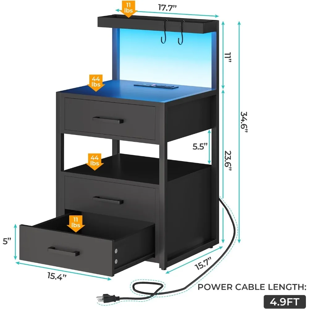 LED Nightstand with Charging Station, 3 Drawers Bedside Table with LED Lights, Black Storage Shelves Night Stand