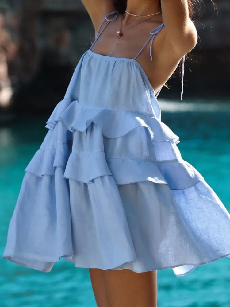 Elegante sexy effen jurk dame mode mouwloze spaghetti ruches losse mini-jurken voor vrouwen casual feestvakantie rok