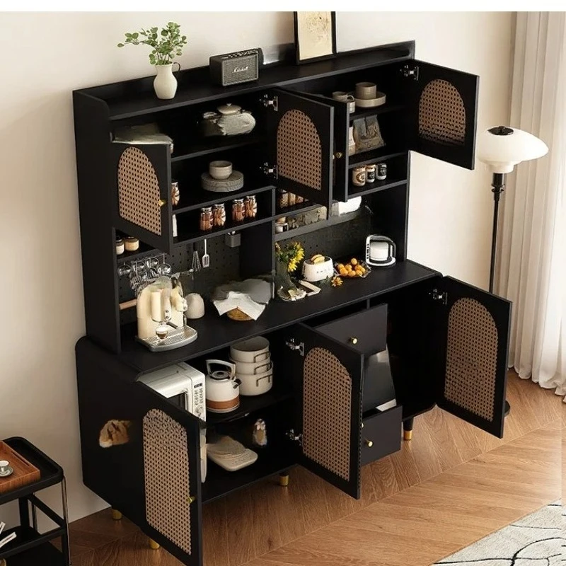 

Black retro medieval rattan dining side cabinet integrated against the wall hole board home kitchen living room rack wine cabine