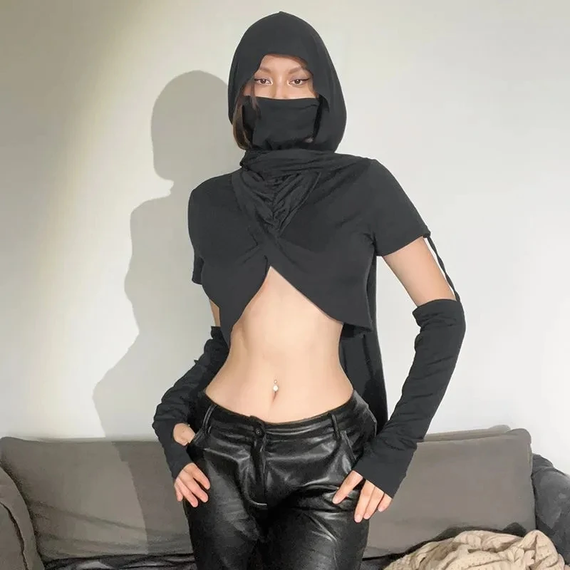 Summer Thin Hooded T-shirt Vintage Wandering Tear Slim Hooded Tank Tops for Women's Sand Dune Mask Short T-shirt Punk Streetwear