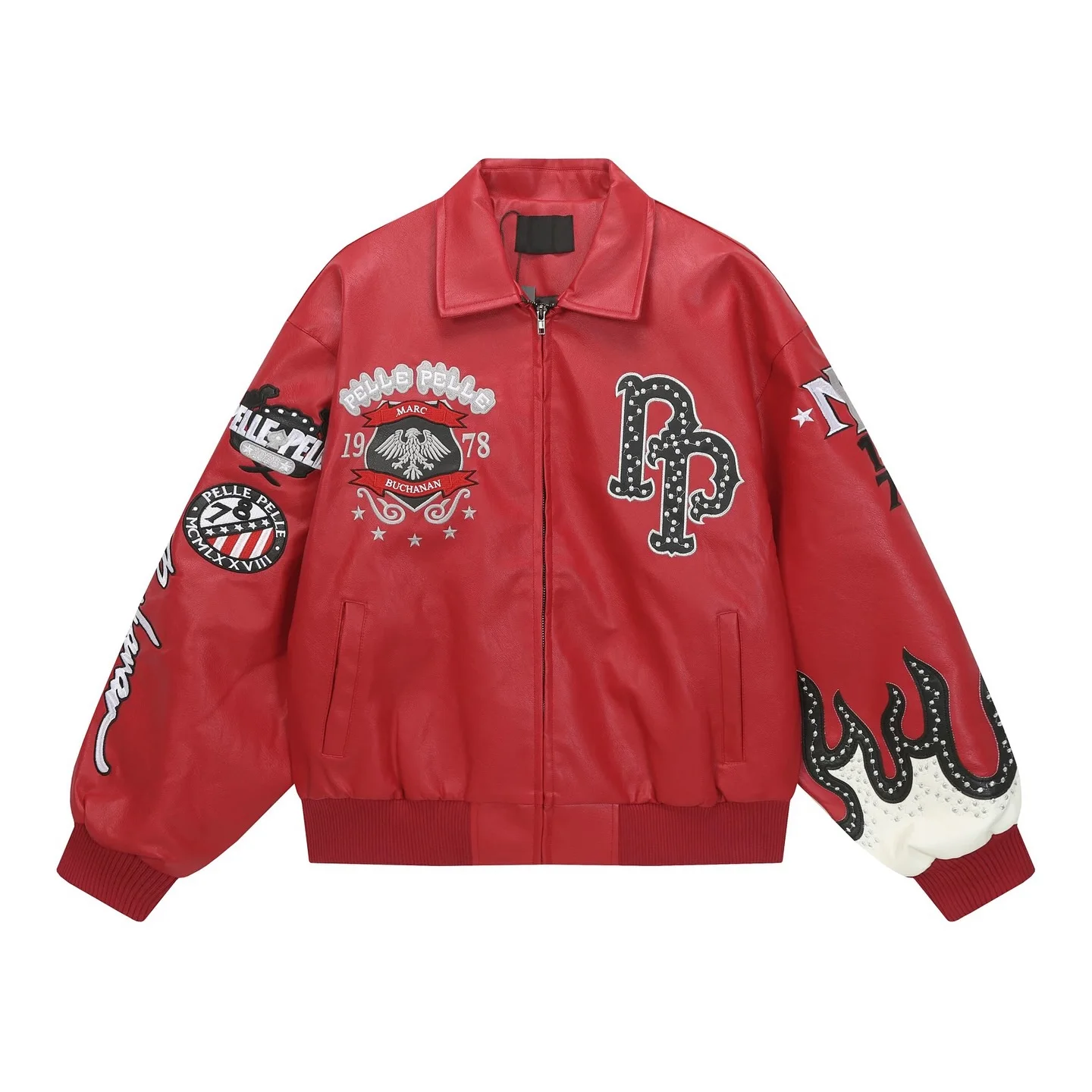 الأمريكية Y2K الشارع نمط الرجعية رسالة مطرزة سترة جلدية الرجال الأحمر المطرزة النسر لهب دراجة نارية سترة برشام معاطف