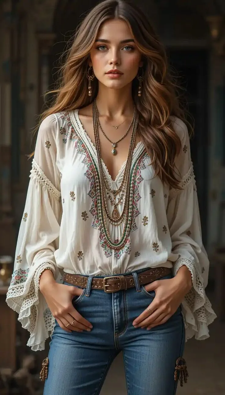 Women's Ethnic Bohemian Blouse V-Neck Long Sleeve Vacation Top Retro Print Lace Splicing Casual Vintage Shirt for Autumn