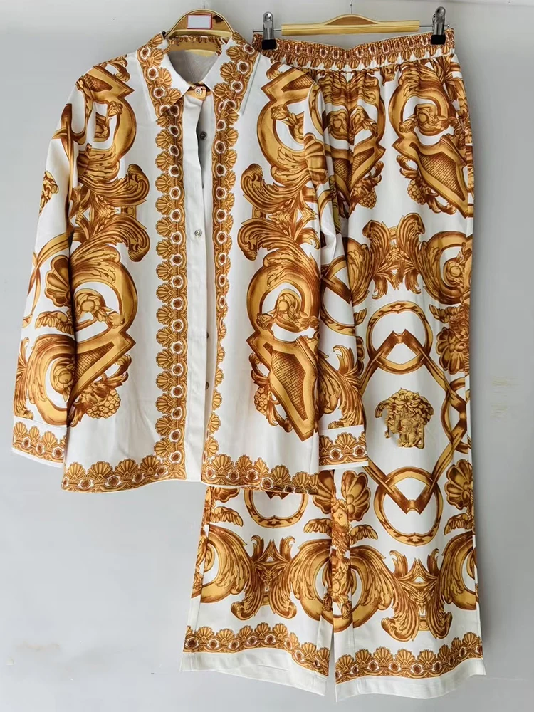 

Elegant lapel single-breasted long-sleeved shirt spring new printed two-piece suit+high waist straight trousers women's suit