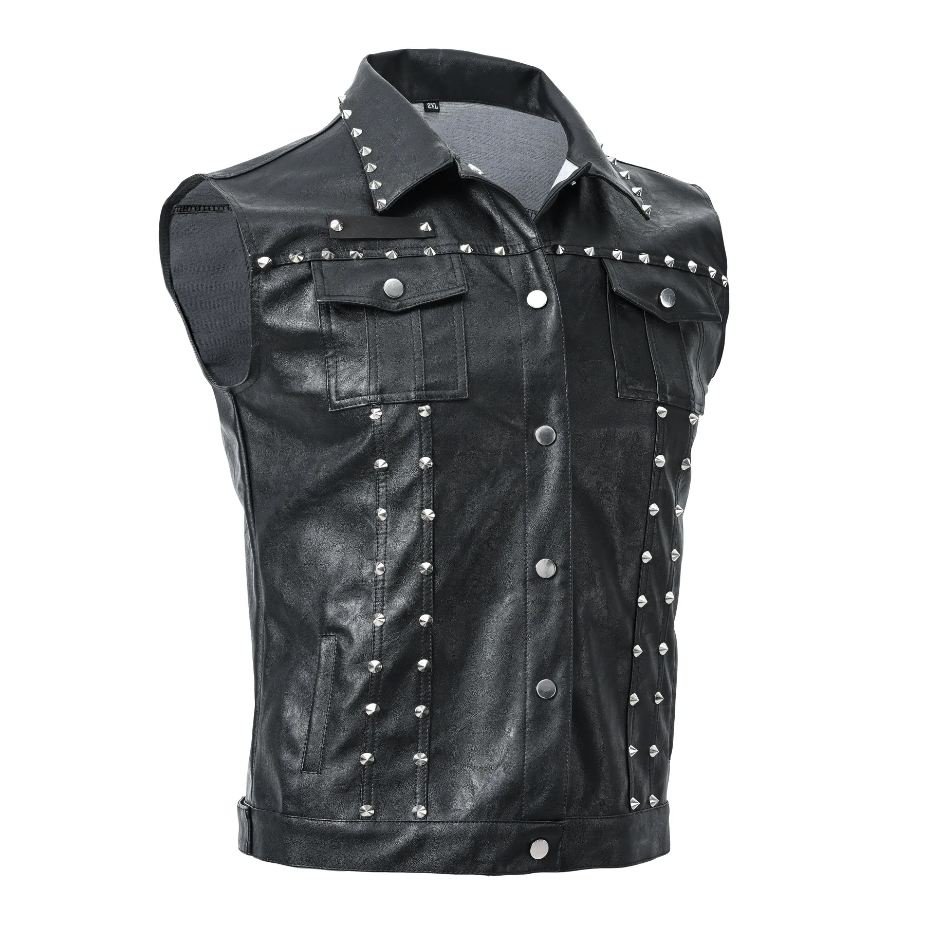 Men\'s Punk Style Leather Biker Waistcoat With Rivets Fashion High Streetwear Motorcycle Rider Vests PU Sleeveless Jacket