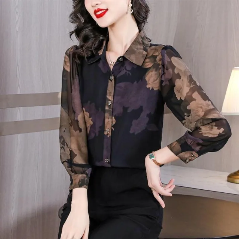 Women\'s Vintage Floral Print Turn Down Collar Button Up Shirt Office Lady Elegant Commute Blouse Long Sleeve Loose Chiffon Tops