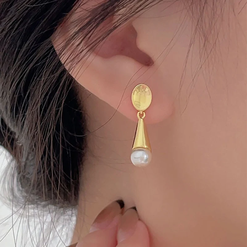 Foxanry Prevent Allergy Pearl Drop Earrings for Women Couples Korean Trendy Elegant Geometric Handmade Wedding Bride Jewelry