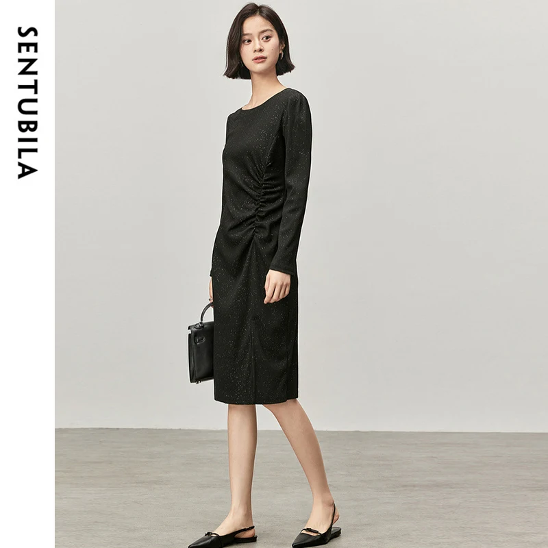 SENTUBILA Sequins Black Knitted Dress for Women 2024 Spring Autumn Slim Fit Round Neck Folds Slit Fitted Dress Woman 143L56650X