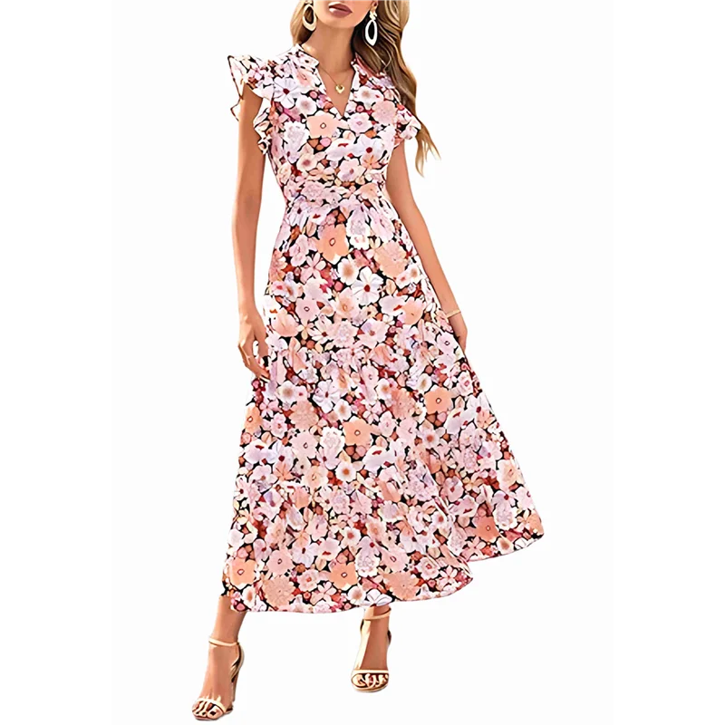 2025 여성 여름 플로럴 미디 드레스 캡 슬리브 V넥 러플 롱 플로위 보헤미안 캐주얼 비치 휴가 드레스