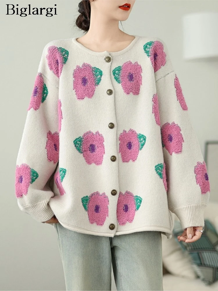 Oversized Flower Floral Print Knitted Autumn Cardigan Women Casual Loose Fashion Ladies Cardigans Long Sleeve Woman Sweater Coat