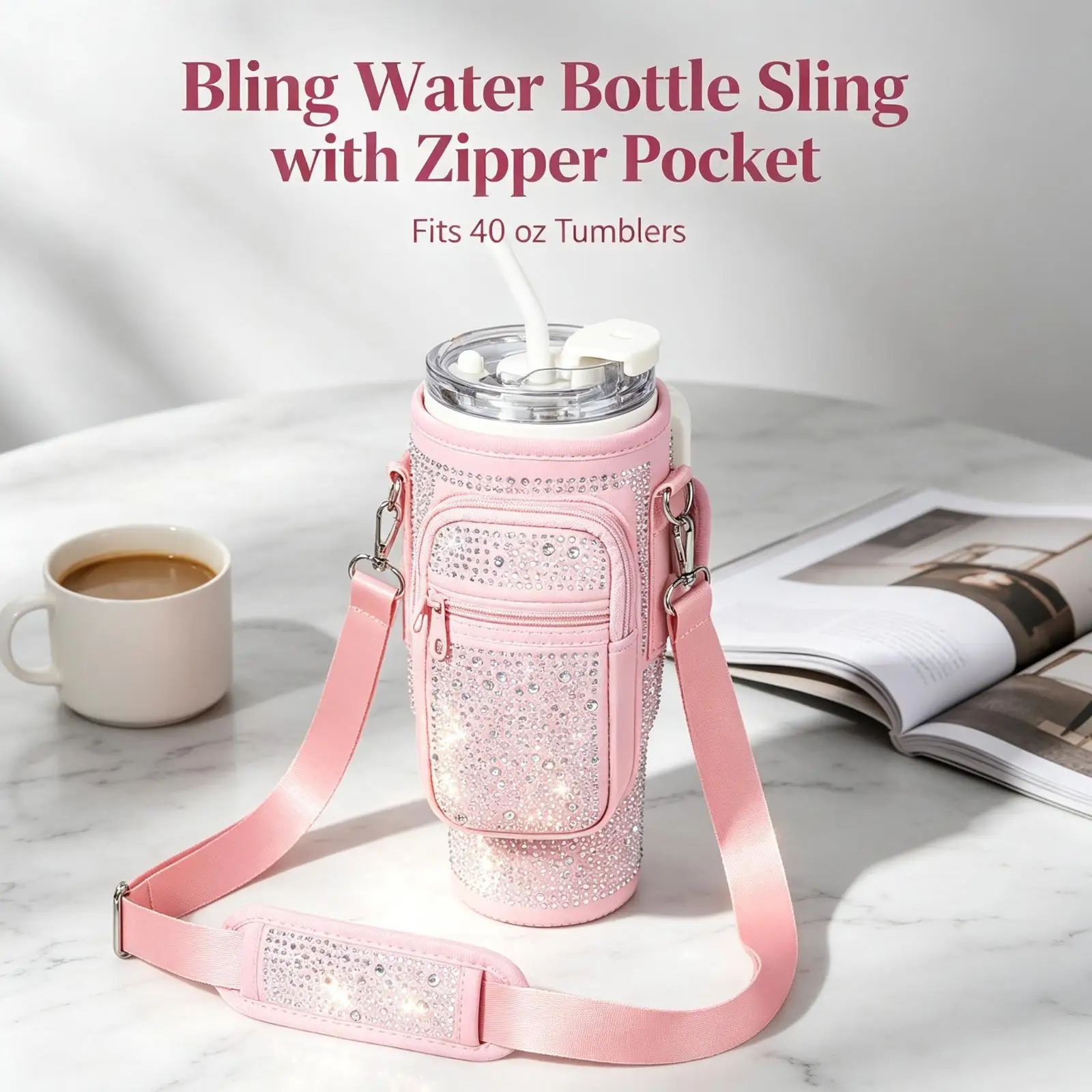 Rhinestone Bling Tumbler Carrier Bag for 40 oz Stanley Quencher, Water Bottle Sling with Zipper Pocket for Travel Gym Car