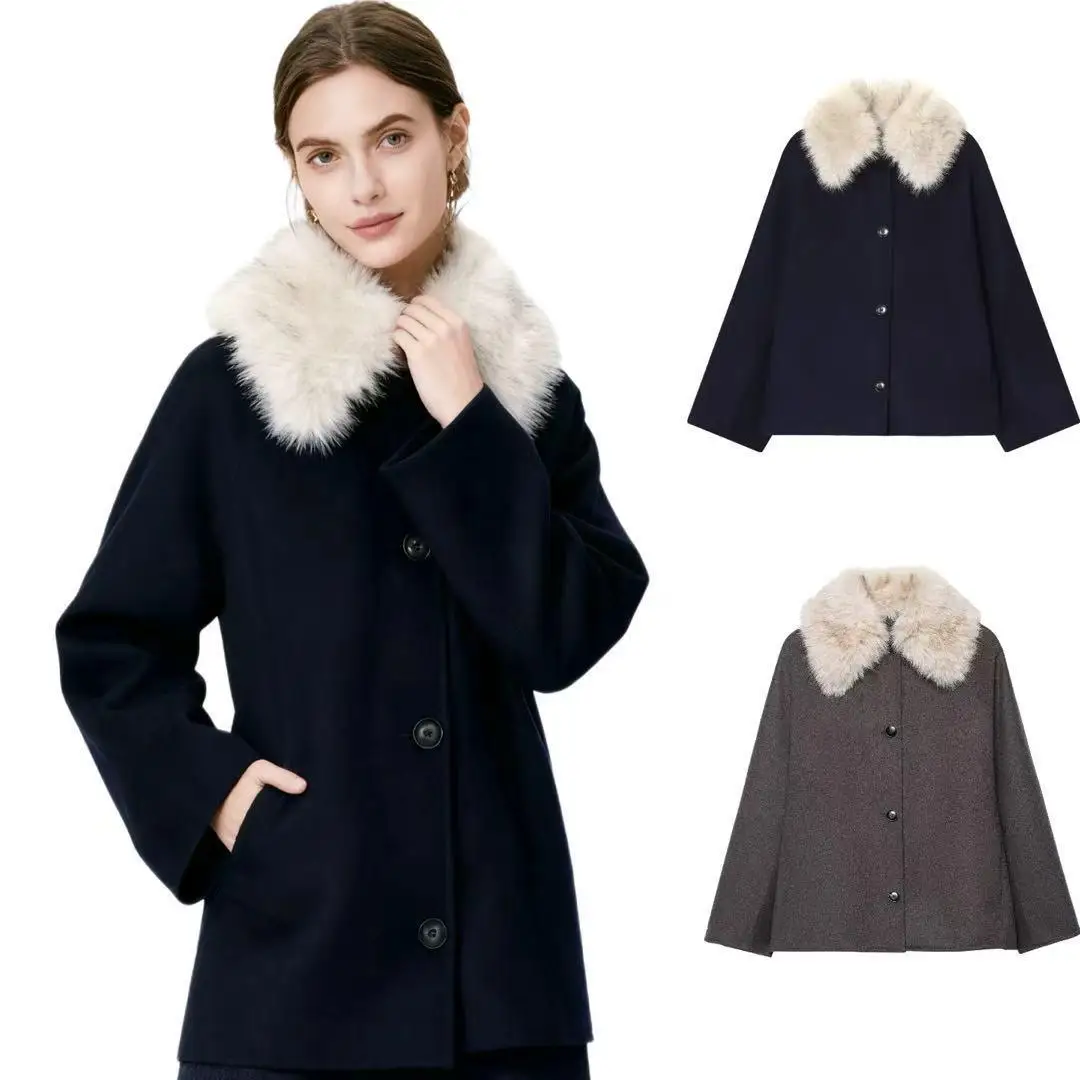 

Cross-Border Sle Women's Jaet Fake Fur Collar Woolen Coat Long Sve Winter Faion Ladies' Premium Quali Outerwear