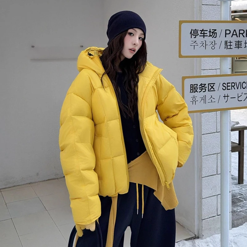 

Winter Short Puff Hooded Warm Down Jacket Women White Duck Down Fluffy Parker Outwears Female Solid Thicken Loose Zipper Jackets