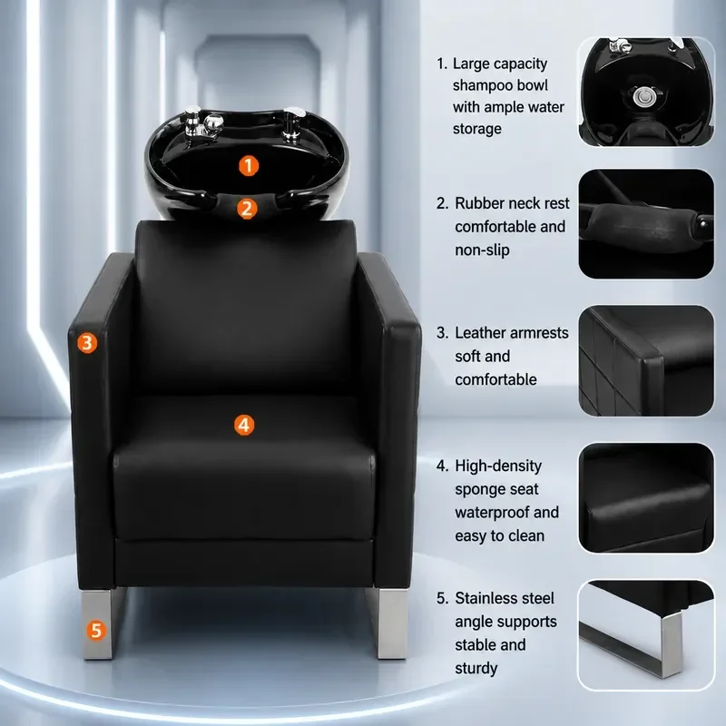 Semi Reclining Shampoo Chair with Ceramic Basin Flush Bed for Beauty Barber Shop Hair Spa Washing Station