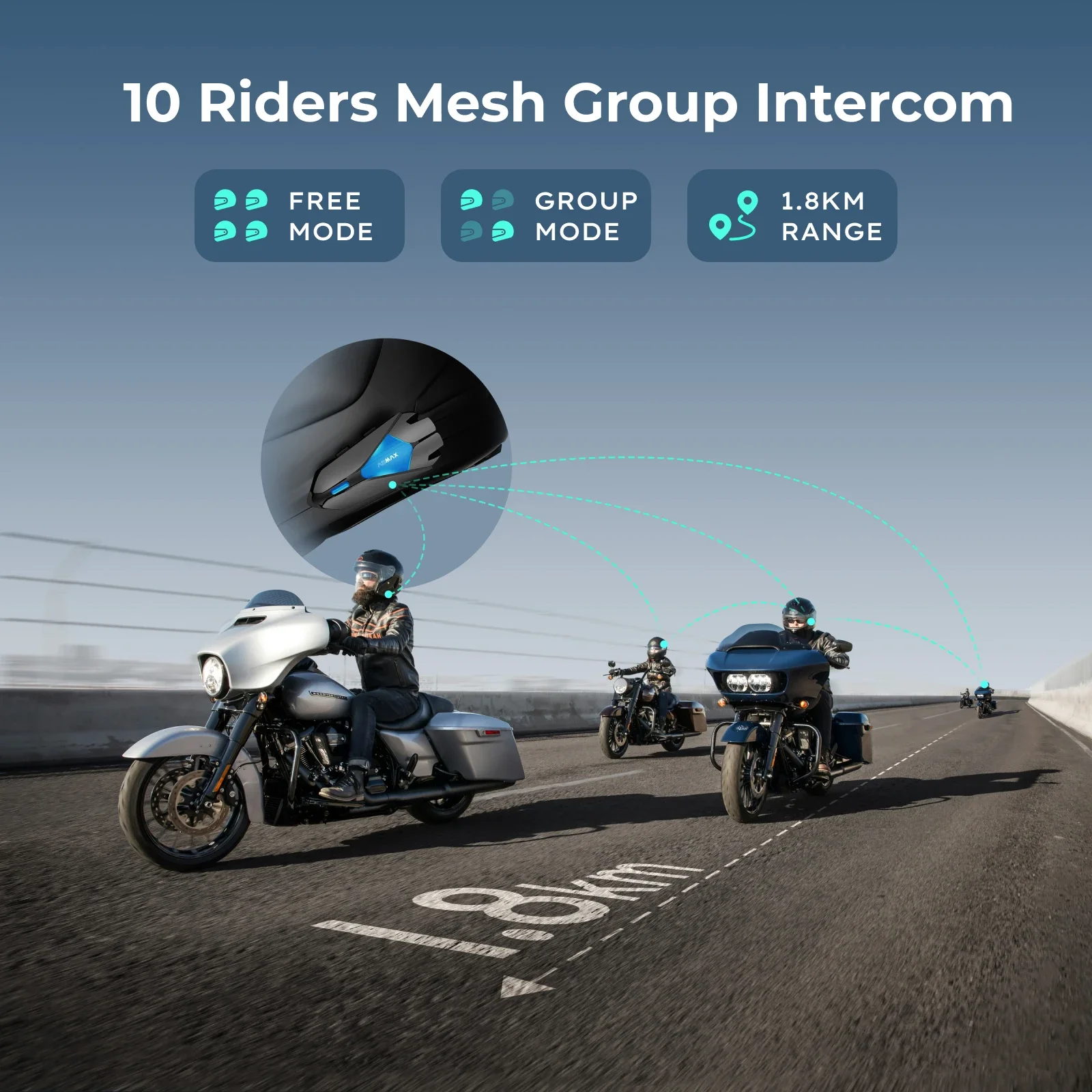 ASMAX Z1 Bluetooth Motorcycle Helmet Intercom 10 Riders Wireless Intercomunicador 1800M Communication BT5.3 IP67 Waterproof