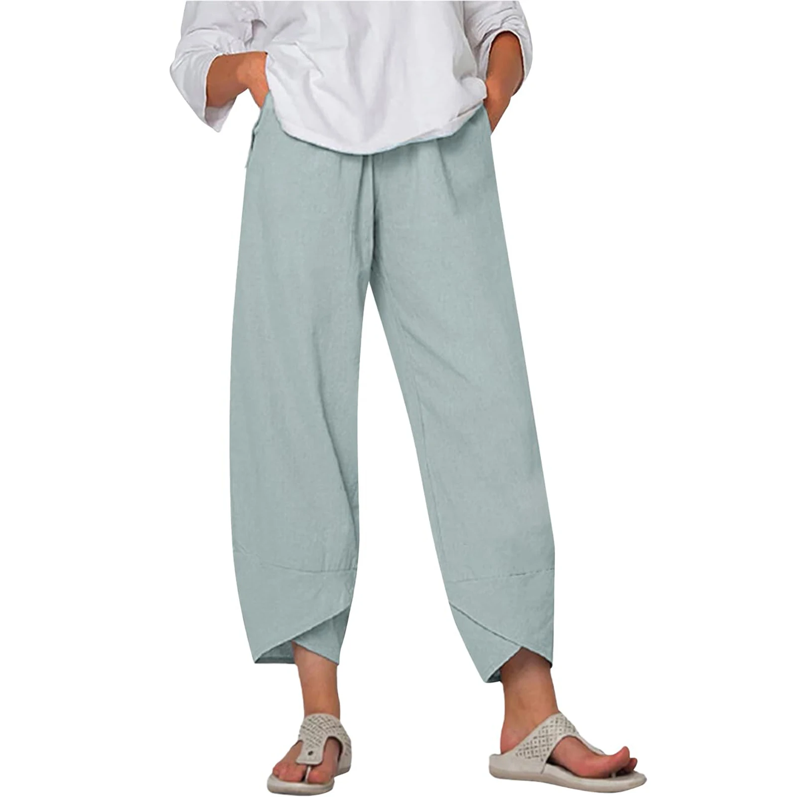 

Costaric Cotton Linen Casual Summer Capri Pants Printed Cropped Comfy Baggy Trousers with Pockets Palazzo Lounge Pants
