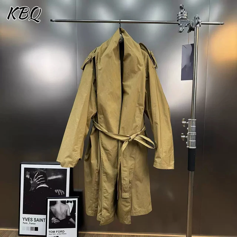 

KBQ Elegant Solid Spliced Lace Up Vintage Loose Trench for Women Lapel Long Sleeve French Temperamnet Coat Female Autumn Style