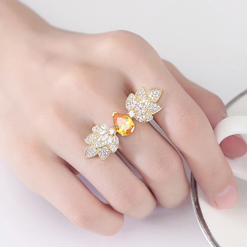 LUOTEEMI Luxury Golden Leaf Branch Shape Open Rings For Women Honeybee Korean Party Exquisite Adjustable Girls Unusual Jewelry