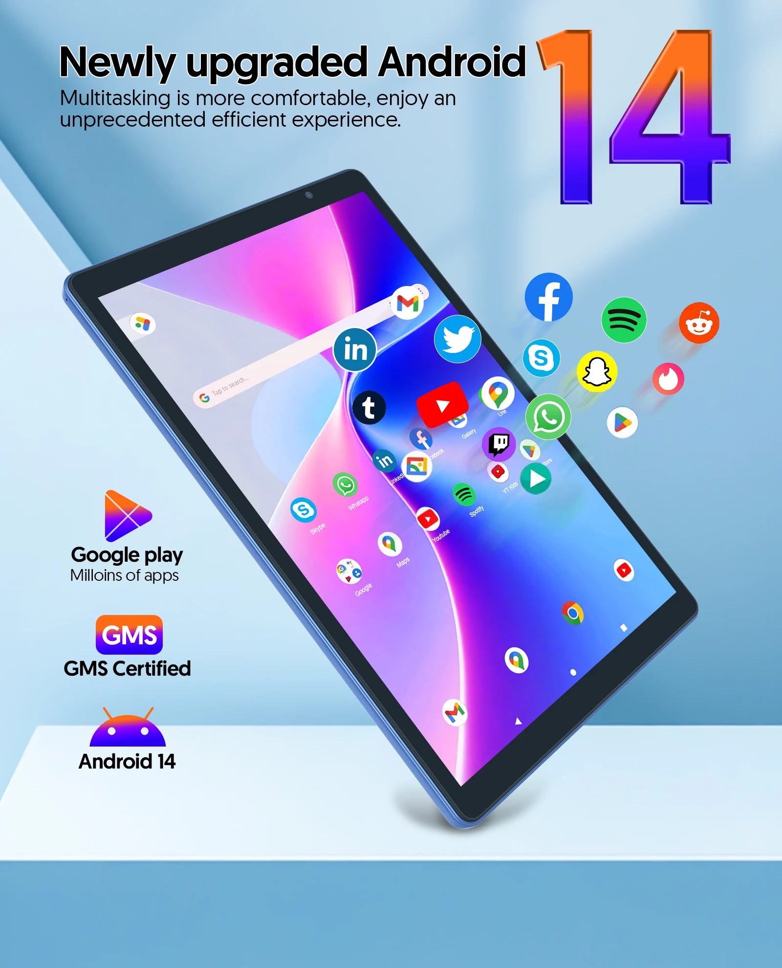 Tavoletta Android 14 con display HD da 10 pollici BAKEN, processore quad-core, 4 (2+2) GB ROM + 32 GB di RAM, Bluetooth, Google Play