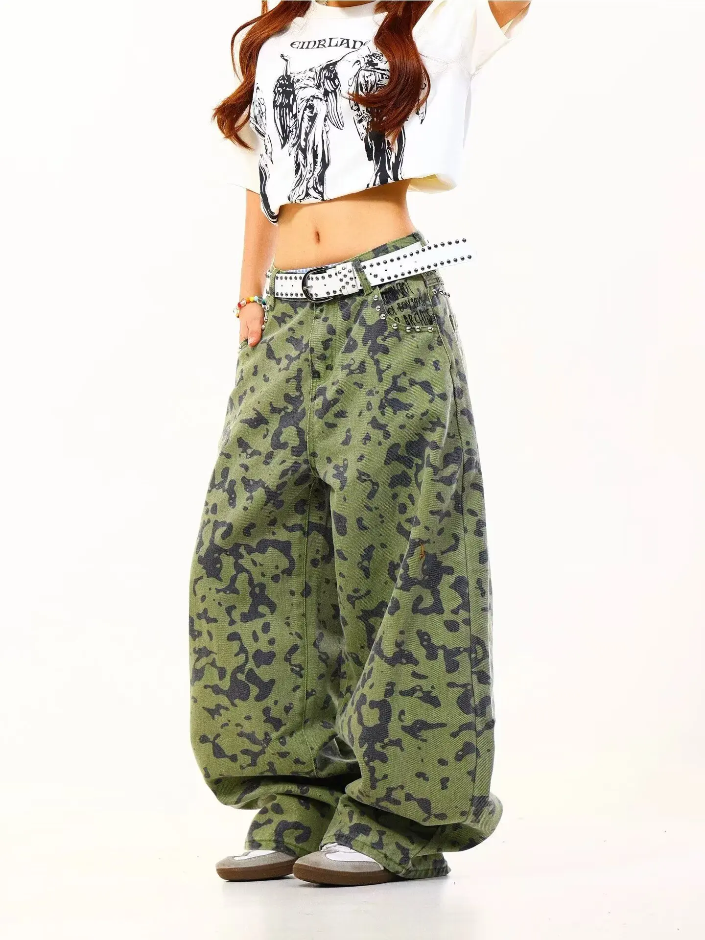American Retro Camouflage rivet Wide Leg Casual Pants For Women Loose Washed Casual Wide Leg Denim Pants