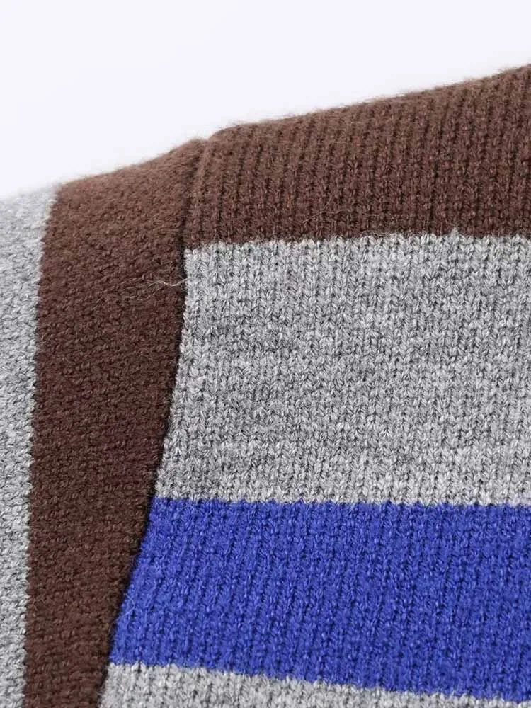 유럽 및 미국 스타일 여성 겨울 신상 패션 심플한 리브드 트림 스트라이프 폴로 칼라 니트 스웨터