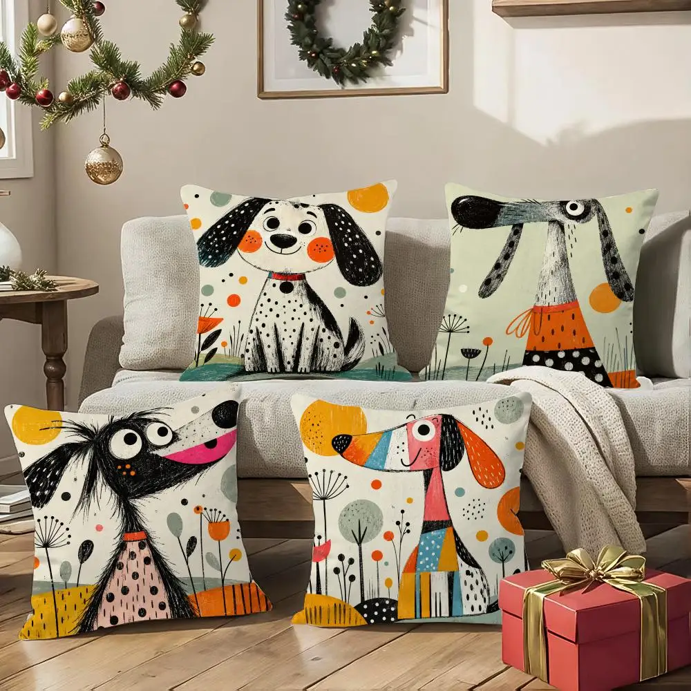 Playful Dog Wall Art Cushion Cover 1/4Pcs Soft Plush Throw Pillow Cover Double-Sided Print Sofa Living Room Decor