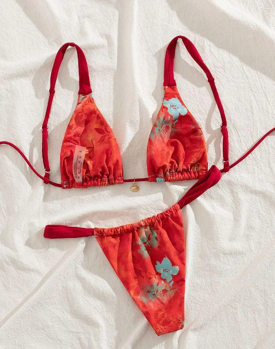 Summer Women's Floral Bikini Set Sexy Lace-Up Triangle Top & High Waist Bottom Pure Desire Aesthetic Swimwear Two Pieces Holiday