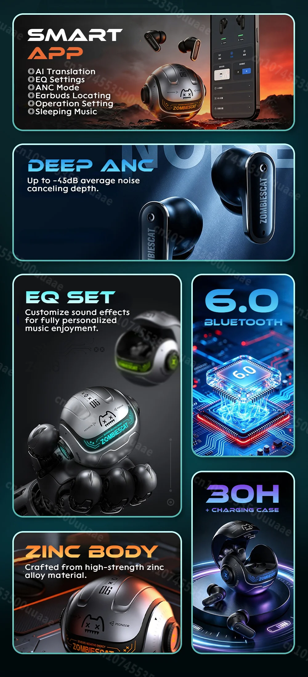 Zombies Cat B26 Alloy Mecha ANC Ohrhörer -45dB Aktive Geräuschunterdrückung Bluetooth 6.0 Kopfhörer KI-Übersetzung Kopfhörer mit APP – Detail 2