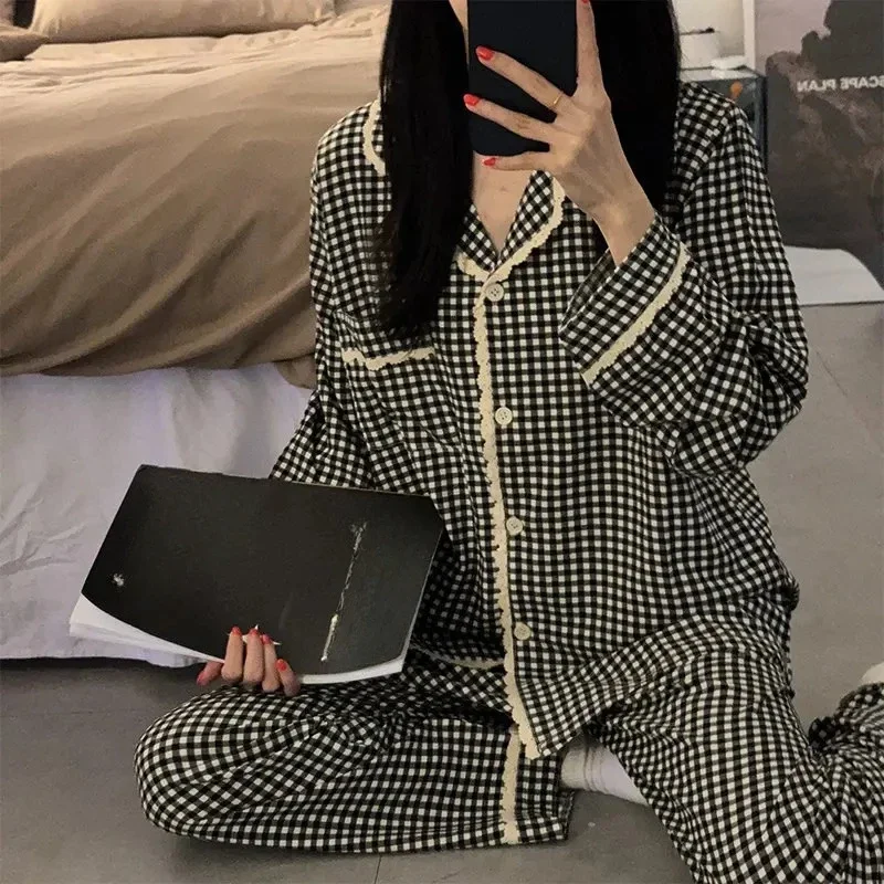 Black Plaid Pajamas Women Spring and Autumn Summer Cute Ins Sle Long sleeve Pure Cotton Two-piece Set Sweet Home Wear for S...