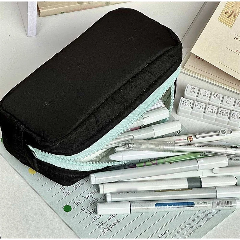 Simplicity Solid Color Pen Bag Zipper Design Large Capacity Pencil Case Portable Stationery Bag Gift