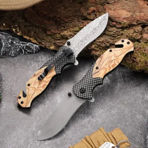 Premium Folding Pocket Knife Damascus Style Blade with ABS Wood Grain Handle, Portable EDC Outdoor Tool for Camping Hiking Travel