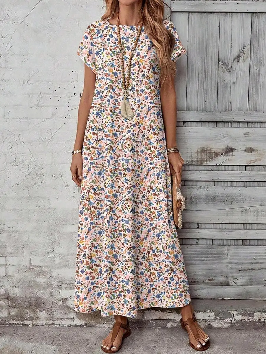 

Casual Floral Print Short Sleeve Bohemian Maxi Dress For Women Summer