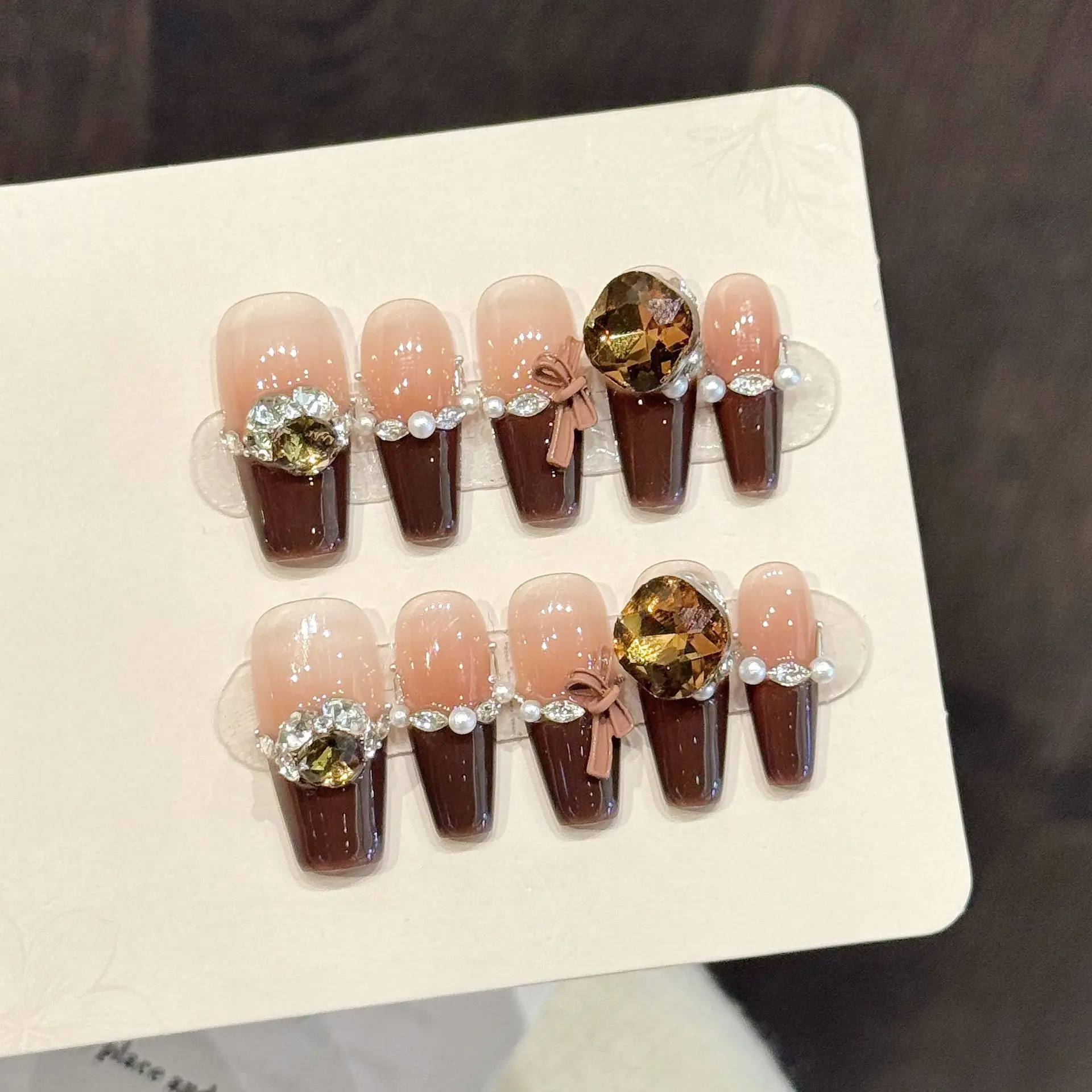 

10pcs Handmade Press on Nails Brown French Pearl Rhinestone Bow Design False Nails Autumn Winter Wearable Nails Art Tip For Girl