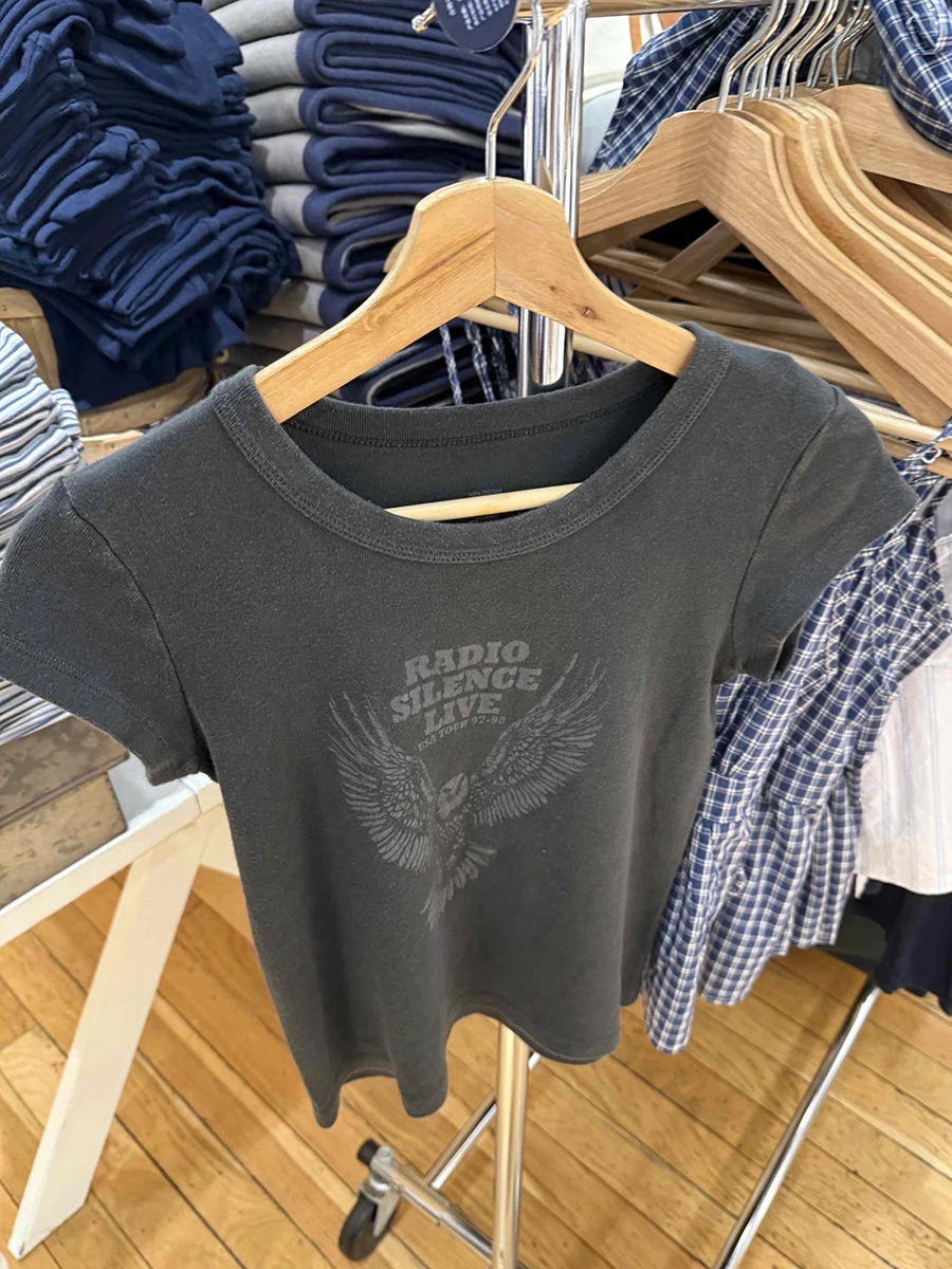 Vintage Eagle Letter Print T-shirt Women Summer Cotton Round Neck Short Sleeve Tees Female Classic Graphic Slim Tshirts Y2k Tops