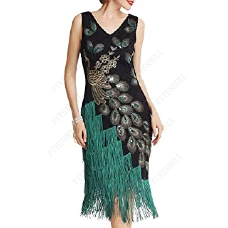 1920s Vintage Peacock Sequin Dress Gatsby Tassel Party Dress New Year's Eve Women's Dress