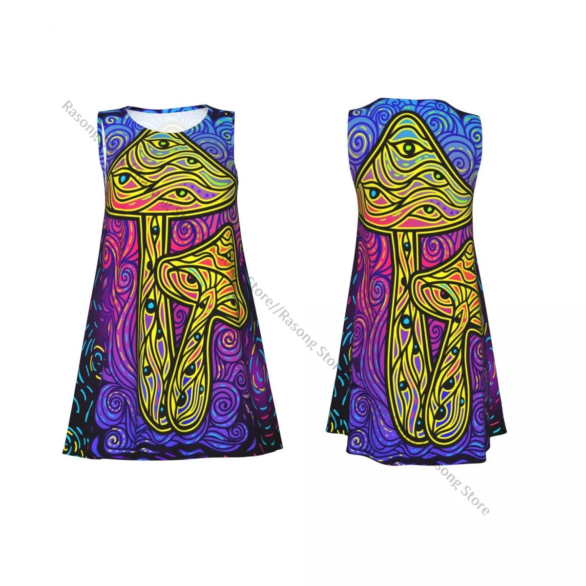 Women's Dress Mushrooms With Psychedelic Fluorescent Summer Casual T Shirt Beach Cover up Tank Dress