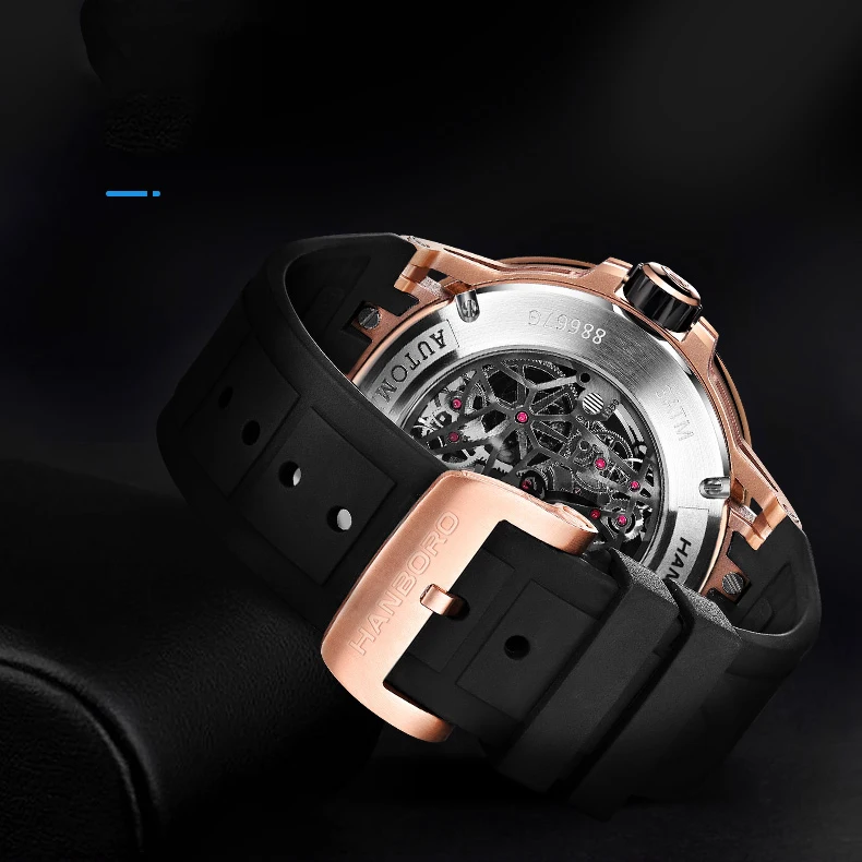 HANBORO Men Automatic Watch 45MM Luxury Watches Self Wind Mechanical Wristwatch Sport Skeleton Dial Waterproof Luminous 6T15