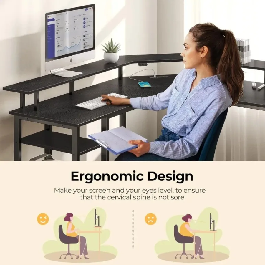 53" L-Shaped Game Table with LED Lights and Power Outlets, Reversible Corner Table, Black