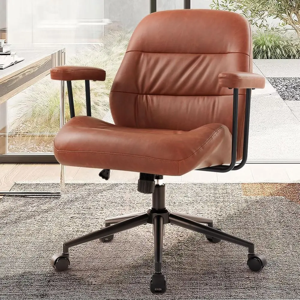 

Ergonomic PU Leather Office Chair with Removable Armrests and Lumbar Support, Height Adjustable (Brown)