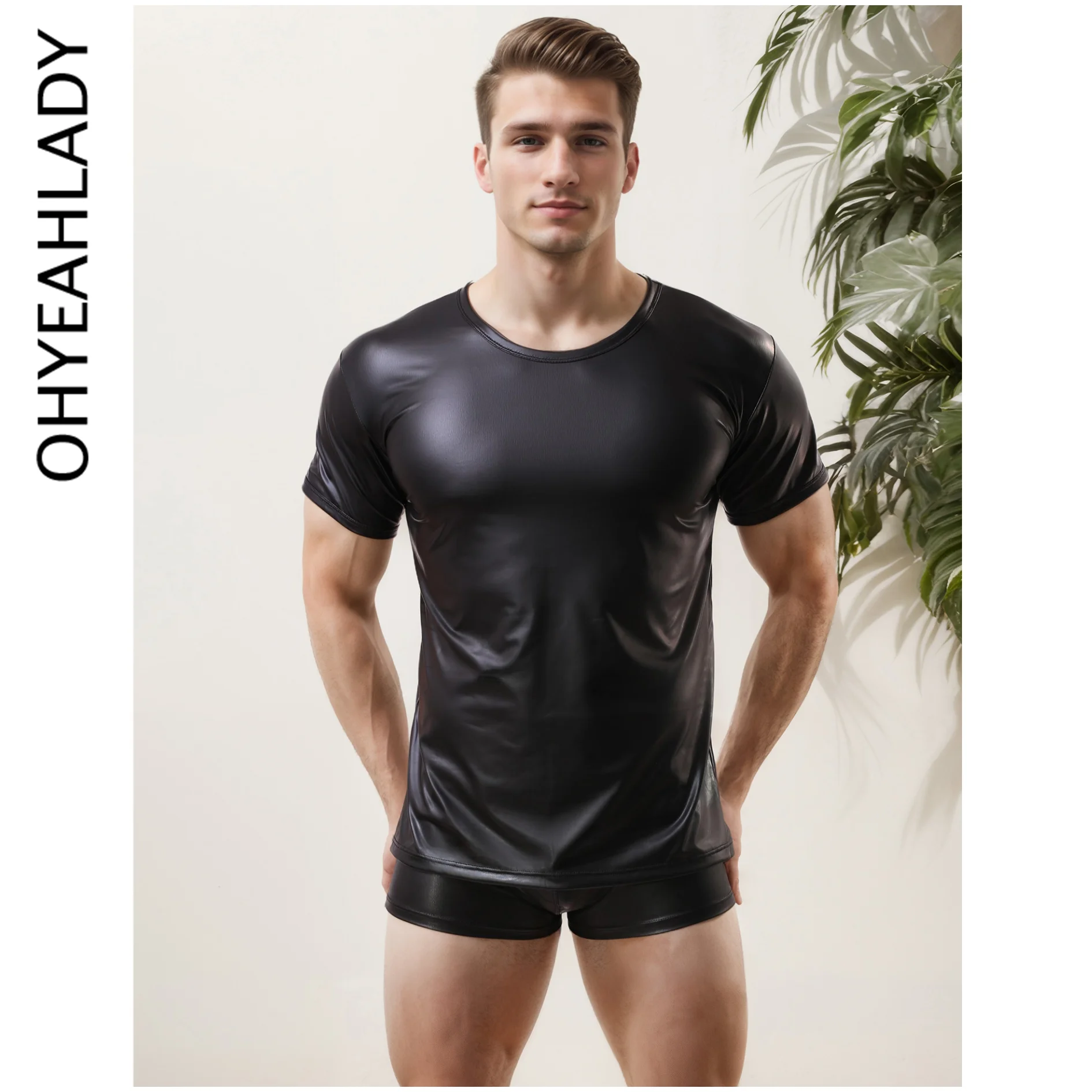 

Ohyeahlady Black Men Faux Leather Classic Short Sleeves Handsome Tops Large Size Lingerie T-shirts Mens Clothing Solid Sleepwear