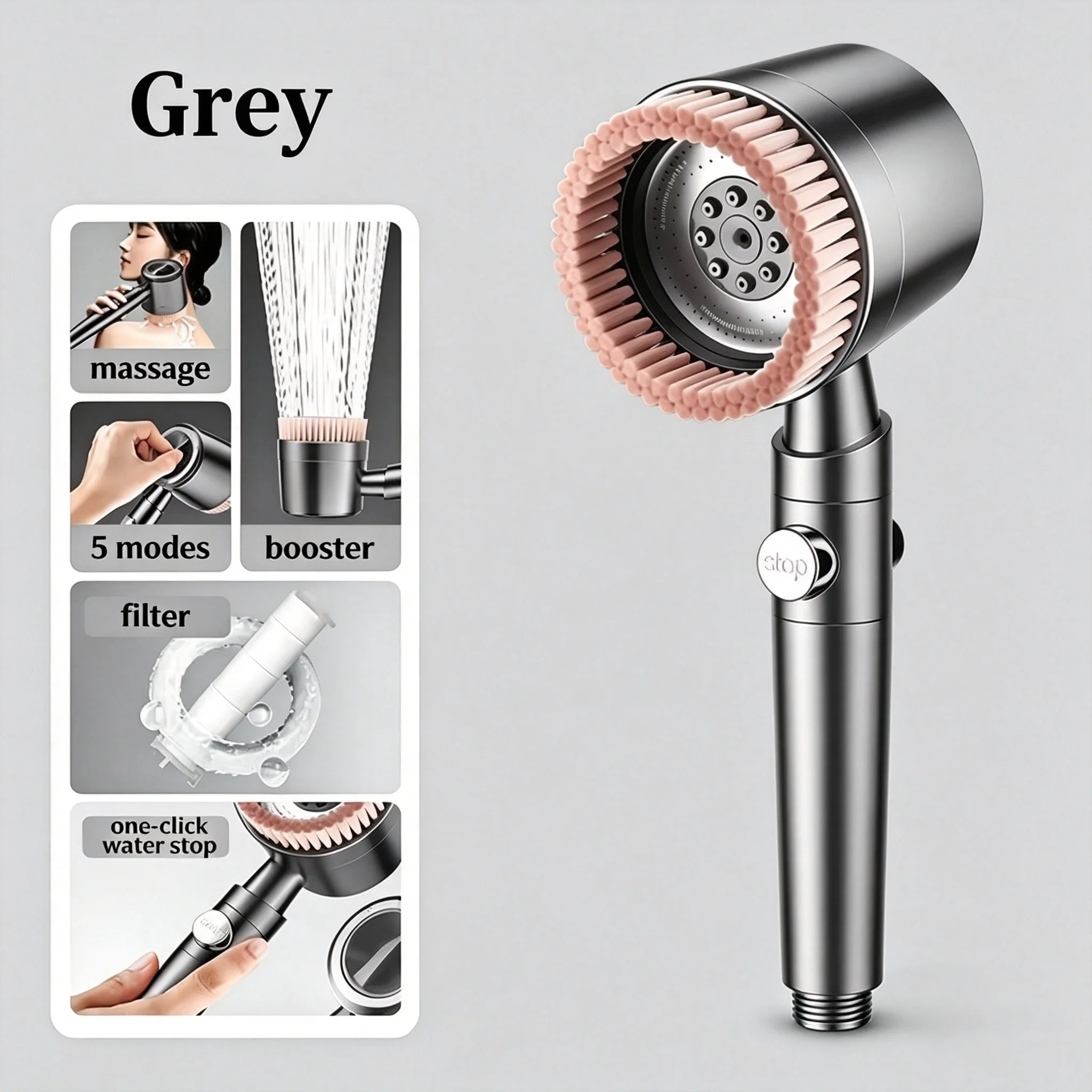 Pressurized Handheld Shower Head Nozzle with Massage Brush & Filter Hard Water Resistant Stop Switch for Deep Cleaning