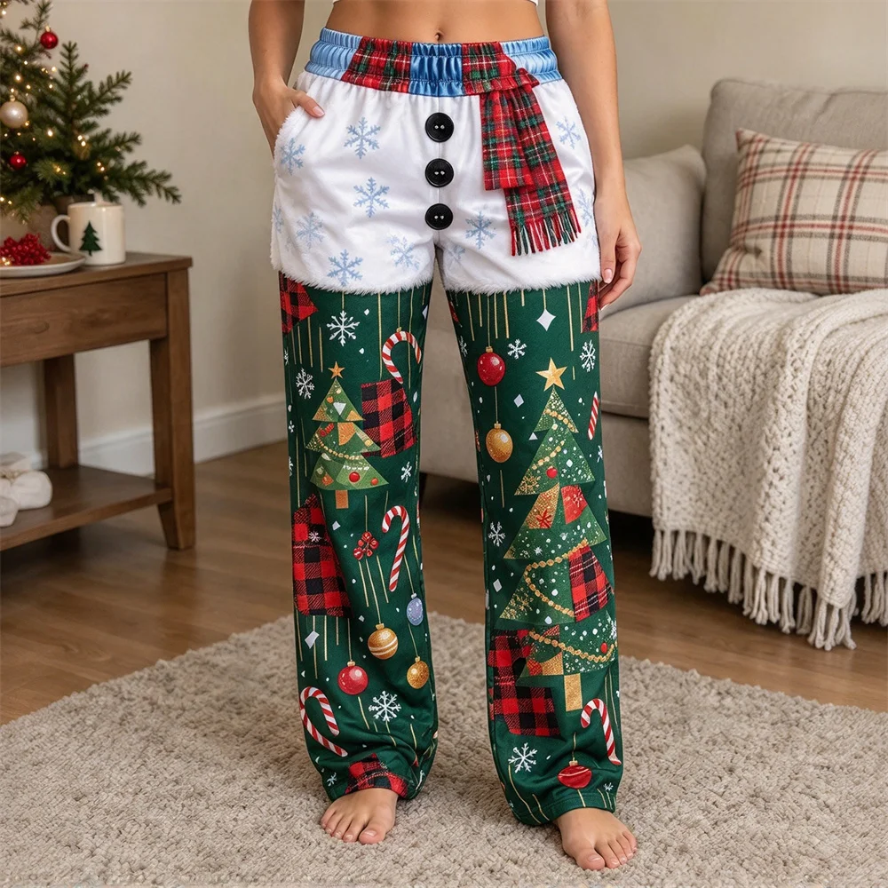 Women Christmas Pajama Pants 3D Cartoon Full Print Elastic Waist Long Trousers Casual Home Sleepwear Ladies Holiday Lounge Pants