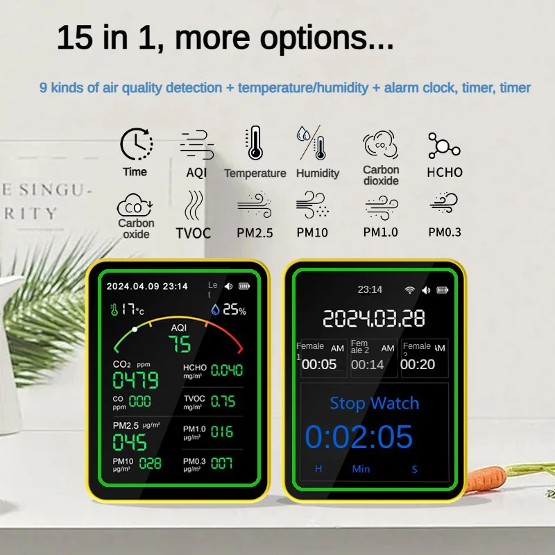TuYa 15in1 Air quality monitor CO HCHO TVOC PM0.3 PM1.0 PM2.5  PM10 AQI Date and time  Alarm clock Timer Stopwatch
