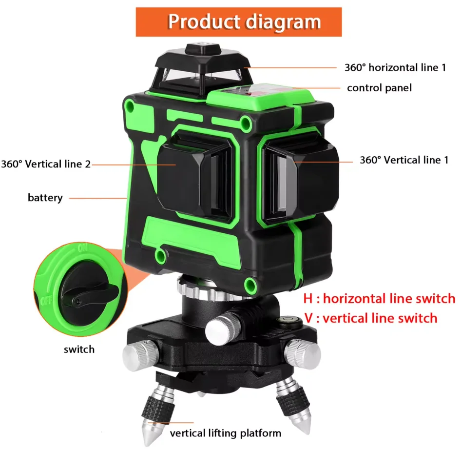 Rotary Level 12 Lines 3d Automatic Leveling 360 Degrees Lithium Battery Green Level Measuring Instruments