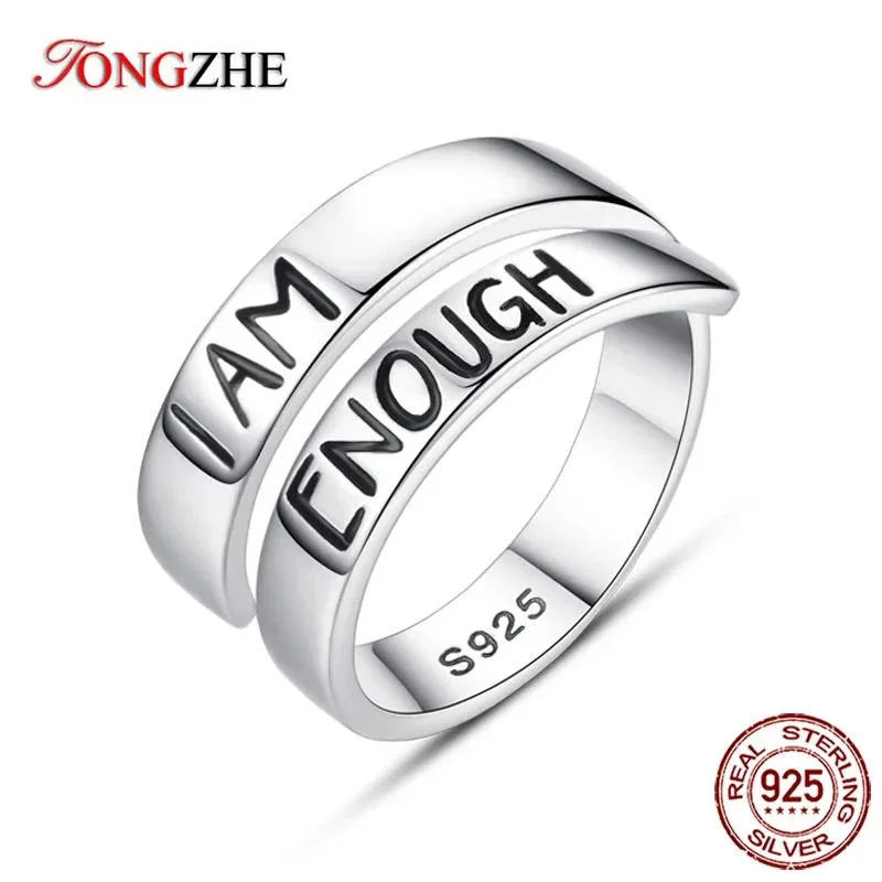 TONGZHE 925 Sterling Silver Luxury Women Open Letter Ring Rings I AM ENOUGH Wide Famous Band Jewelry 2024 A Gift for a Man