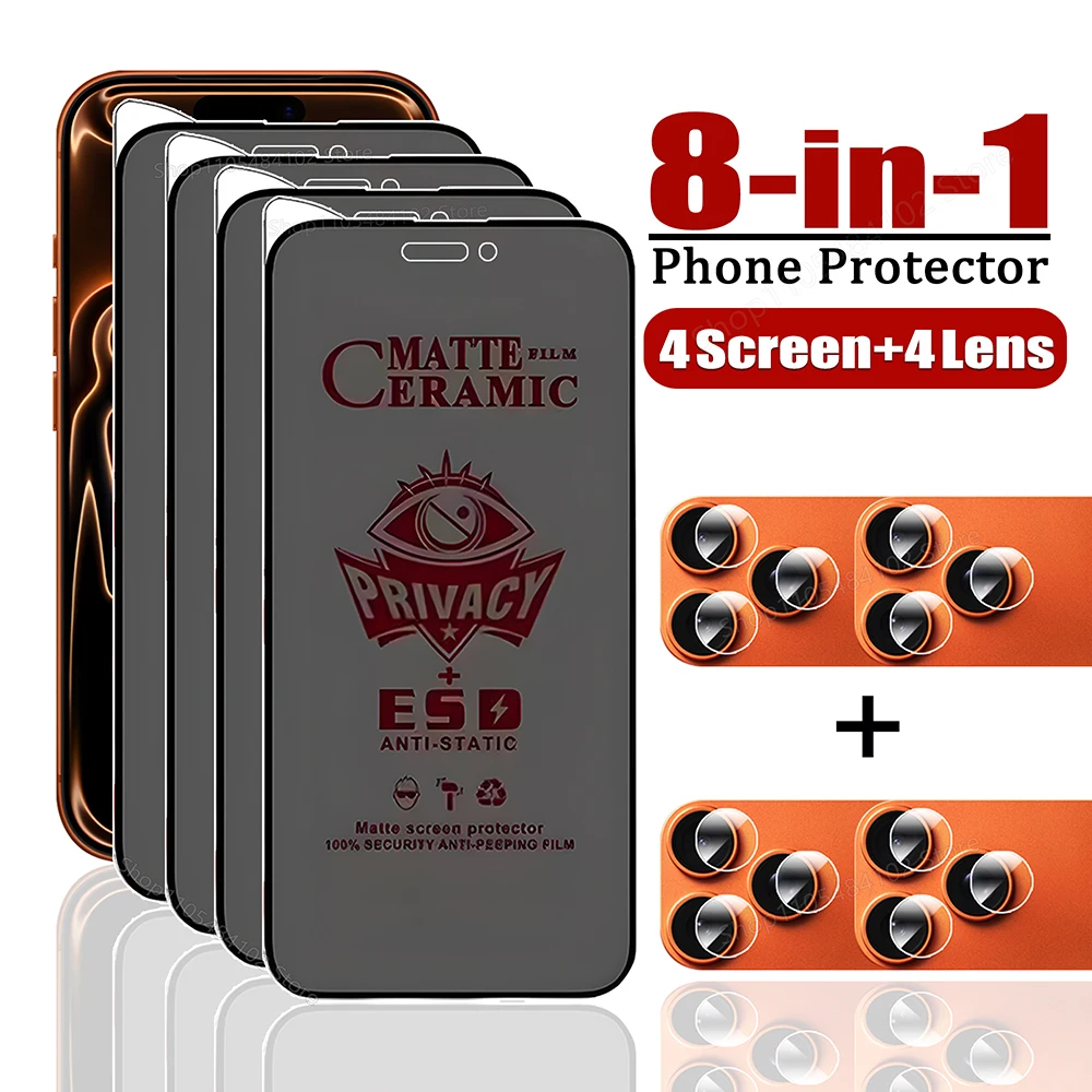 8-in-1 Anti-Spionage Matt-Keramik Displayschutzfolie für iPhone 17 Air 17e 16e 11 12 13 Mini 14 15 16 Plus 17 Pro Max Klare Linsenschutzfolie