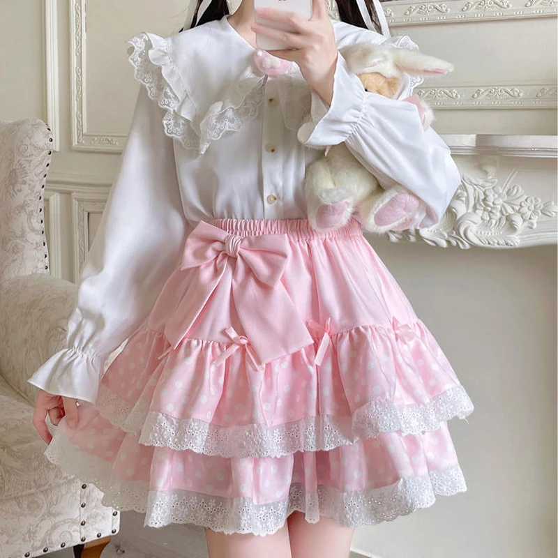 

Mini Cake Polka Dot Y2K Women Skirt Summer 2024 Kawaii Bow Lace Sweet New Pink Skirts Layered Party Skort Miniskirt faldas 스커트