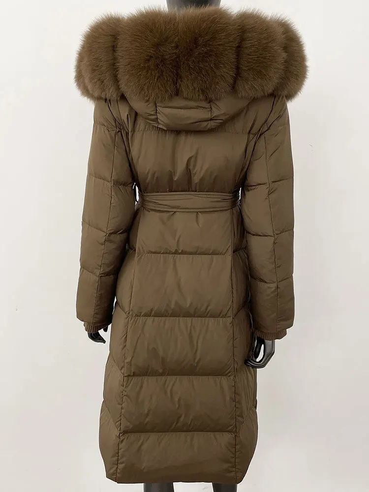 

Winter Women White Duck Down Coat 2025 Real Raccoon Fox Fur Collar Hooded Natural Long Jacket Thick Warm Casual Outerwear