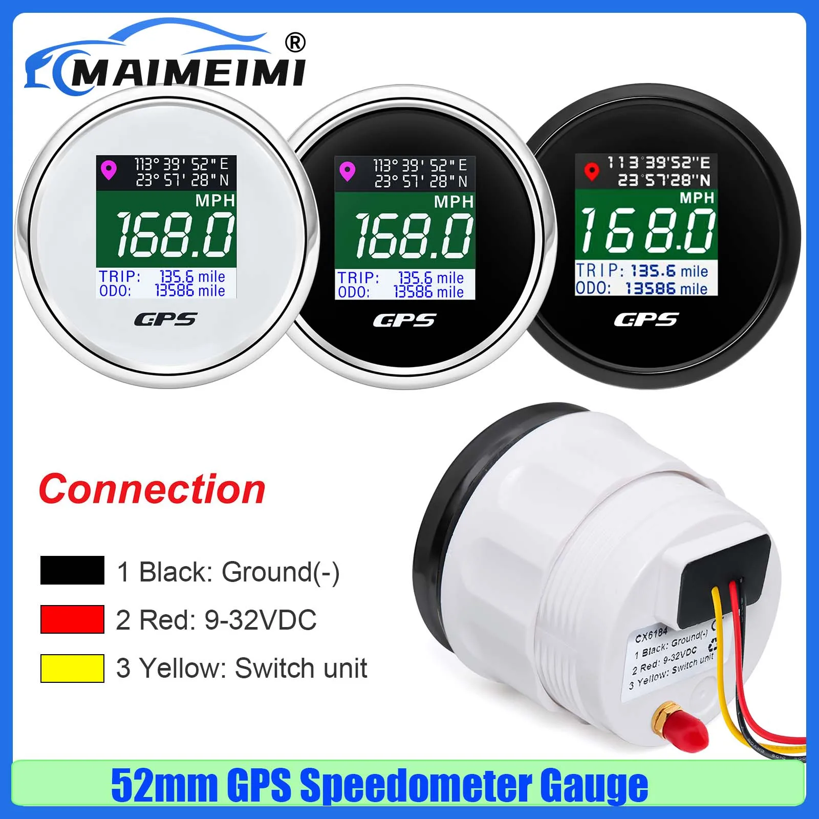 Digital 52mm GPS Speedometer Gauge with GPS Antenna 0-999 KMH,MPH,Knots Unit TFT Screen Trip ODO Odometer for Car Boat Yacht